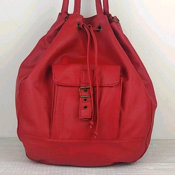Red Faux Leather Backpack Tote Handbags - Gorgeous Red Pebbled Convertible Backpack Tote
